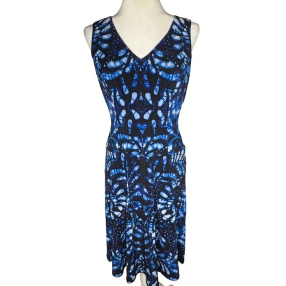 Anne Klein Women's Midi Blue Black and White Sleeveless V-neck Dress Size 4 - Picture 1 of 6